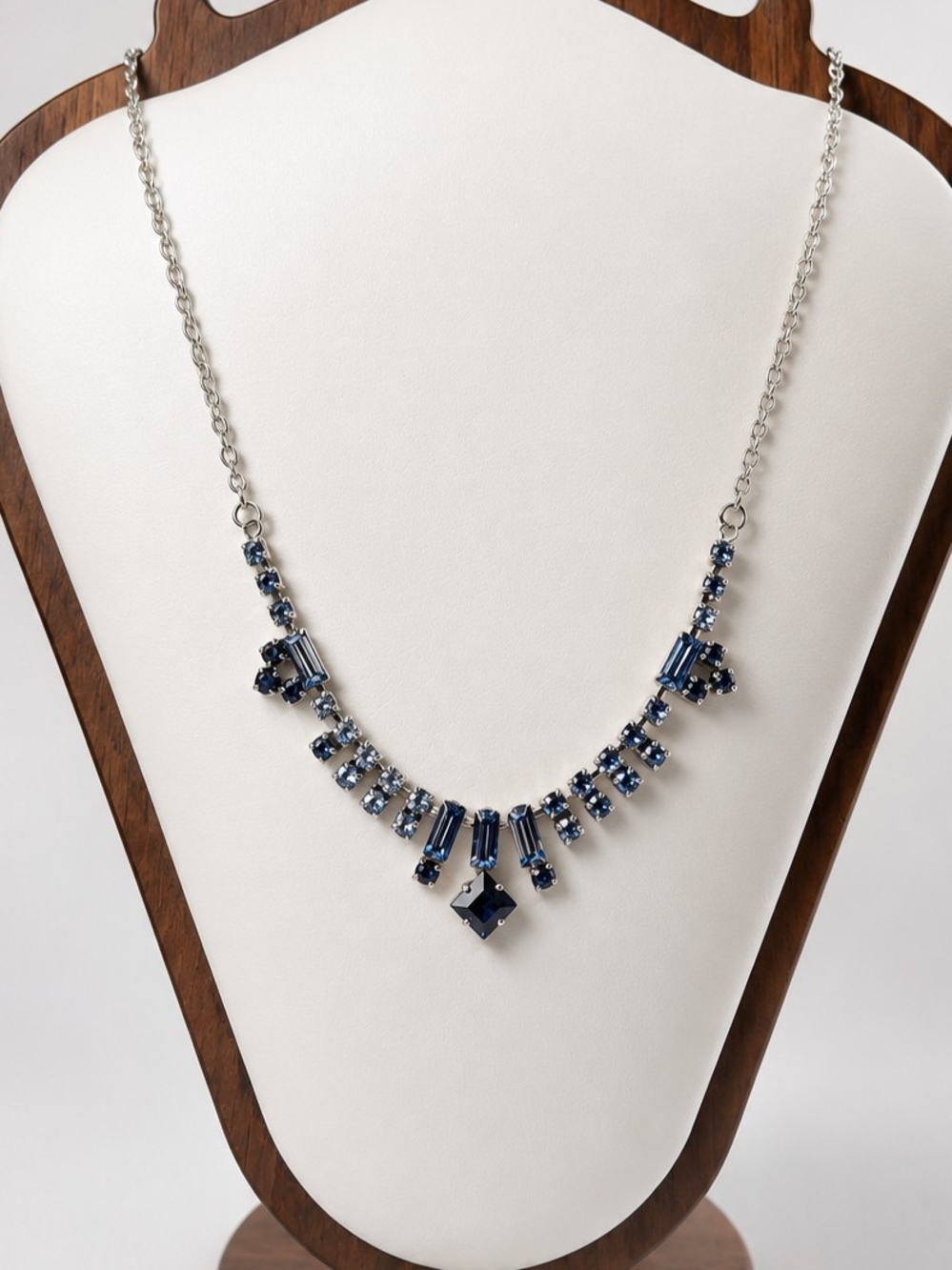 Vintage Silver Tone Blue Rhinestone Statement Necklace